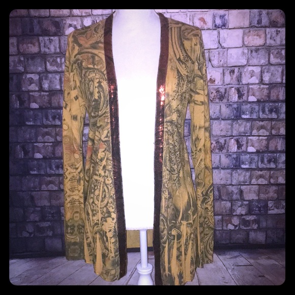Daytrip Lg Mustard Cardigan w/Rust color Sequins - Picture 1 of 4